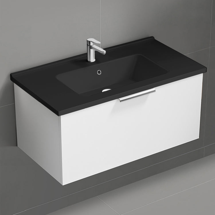 White Bathroom Vanity With Black Sink, Floating, Modern, 34"