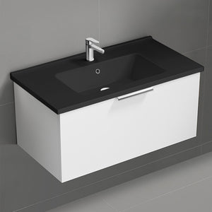 White Bathroom Vanity With Black Sink, Floating, Modern, 34"