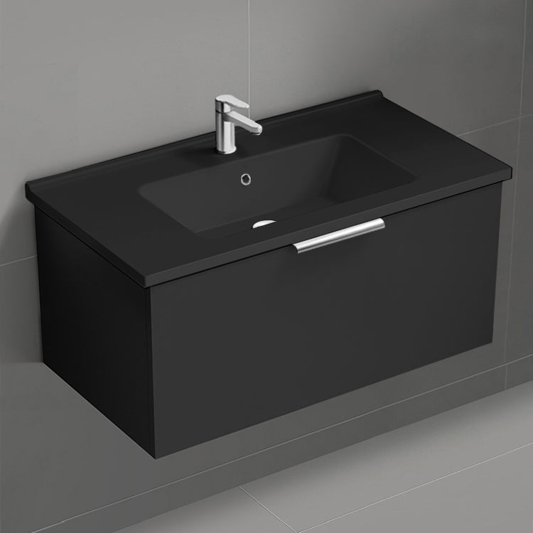 Black Bathroom Vanity With Black Sink, Modern, Wall Mounted, 34"
