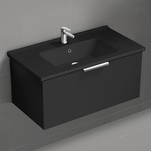 Black Bathroom Vanity With Black Sink, Modern, Wall Mounted, 34"