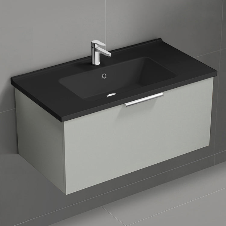 Wall Mounted Bathroom Vanity With Black Sink, Modern, 34", Grey Mist