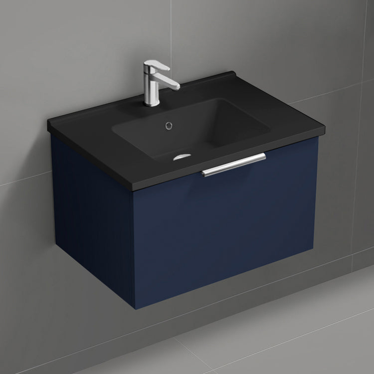 Wall Mounted Bathroom Vanity With Black Sink, Modern, 26", Night Blue