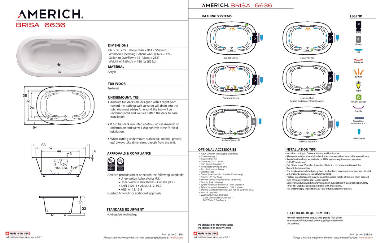 Americh BR6636TA2-BI Brisa 6636 - Tub Only / Airbath 2 - Biscuit