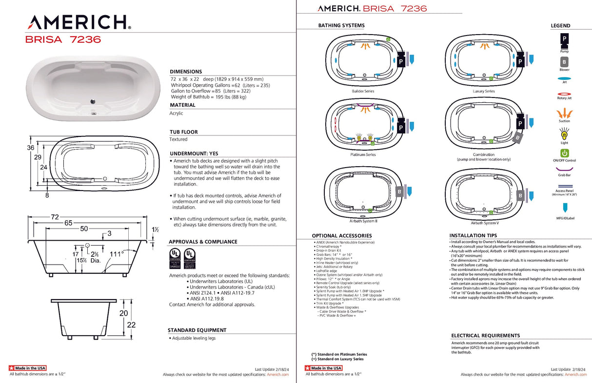 Americh BR7236TA2-BI Brisa 7236 - Tub Only / Airbath 2 - Biscuit