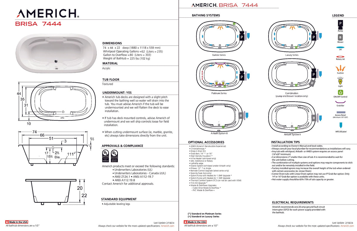 Americh BR7444TA2-BI Brisa 7444 - Tub Only / Airbath 2 - Biscuit