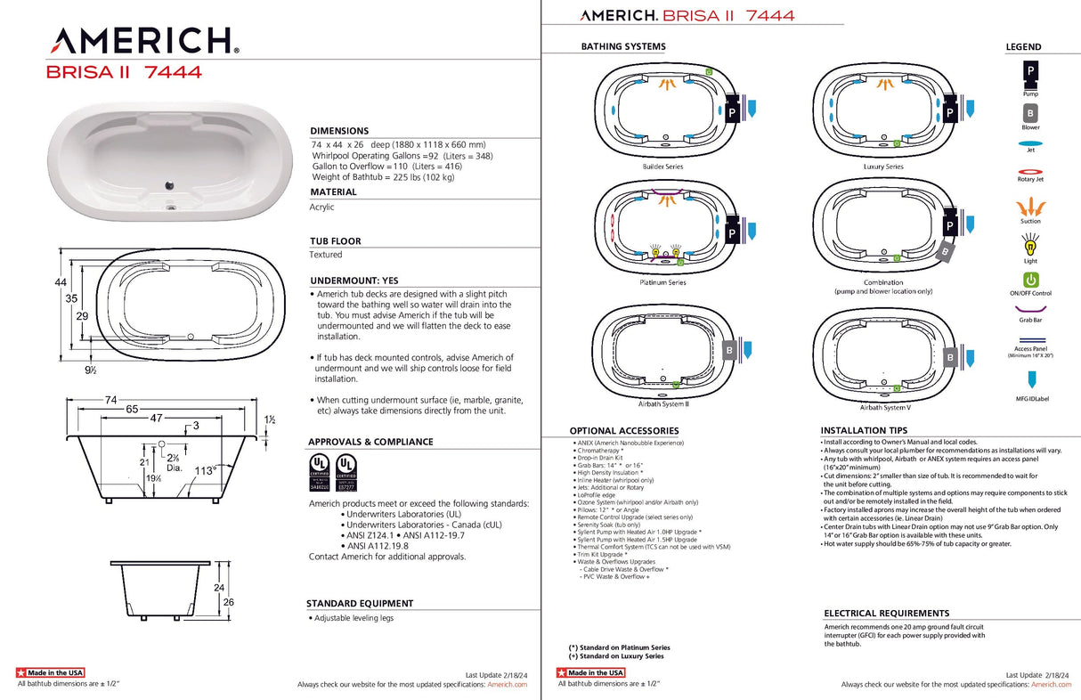 Americh BR7444-24TA2-BI Brisa II 7444 - Tub Only / Airbath 2 - Biscuit