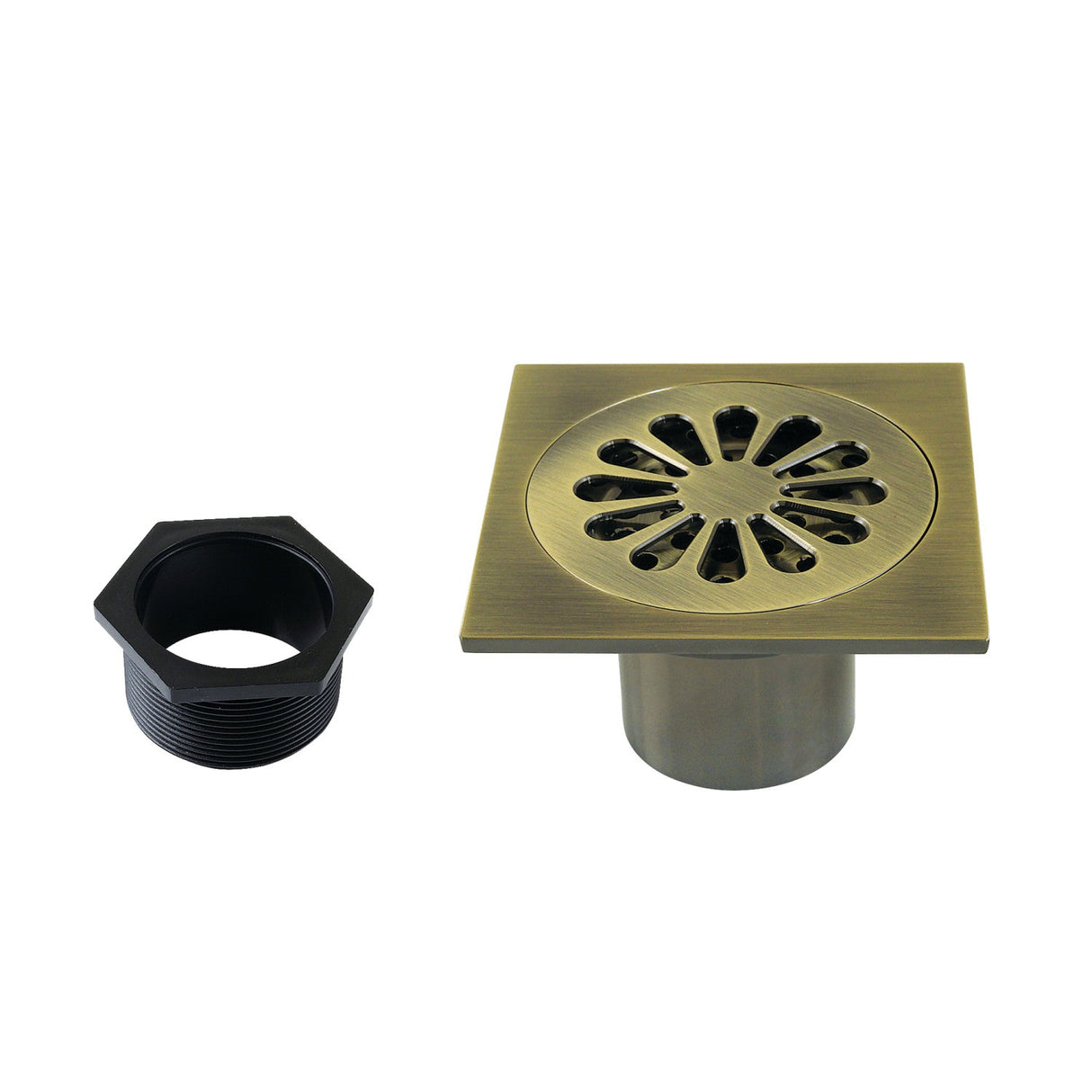 Watercourse BSF4161AB 4-Inch Square Grid Shower Drain with Hair Catcher, Antique Brass