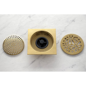 Watercourse BSF6360BB 4-Inch Square Grid Shower Drain with Hair Catcher, Brushed Brass