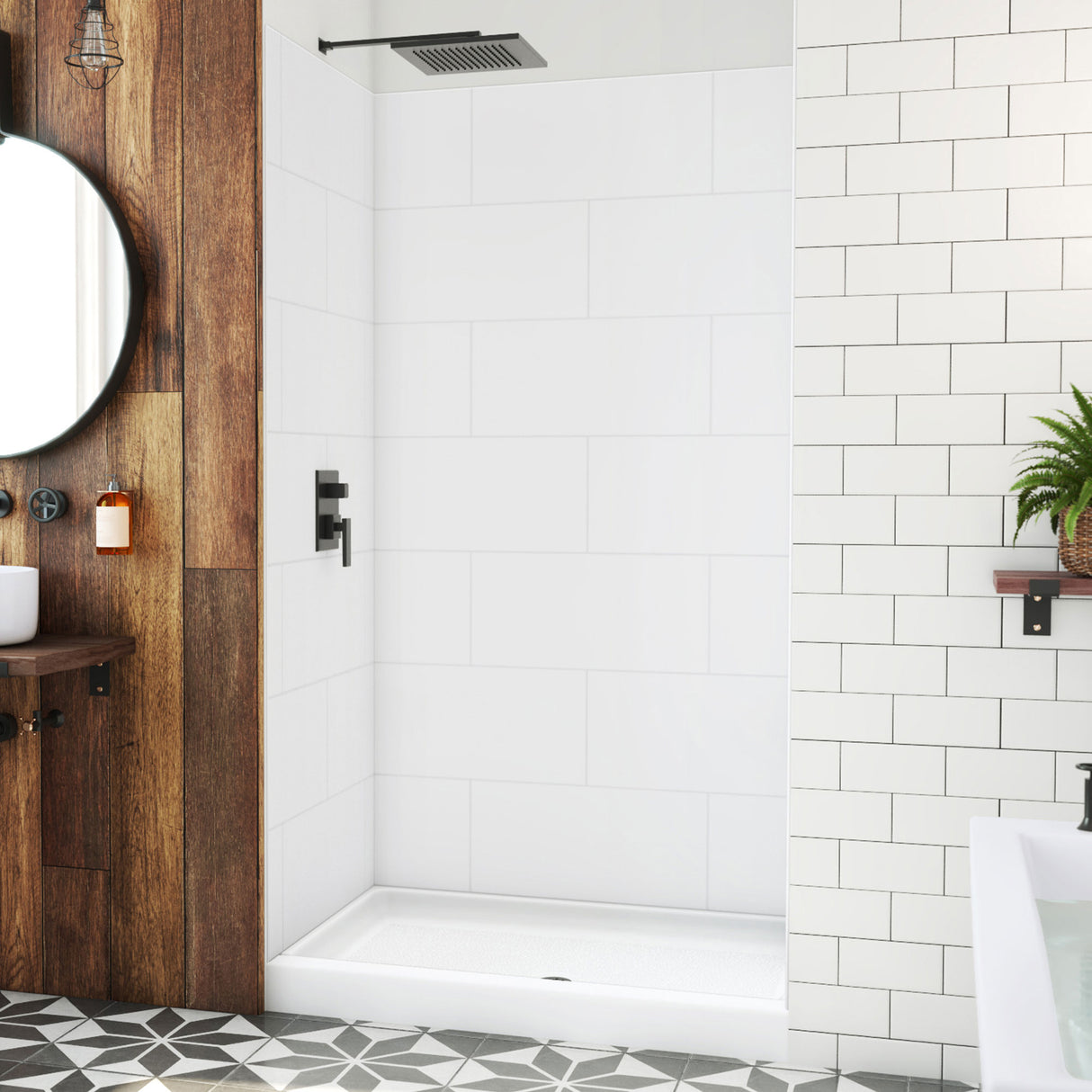 DreamLine DreamStone 32 in. D x 48 in. W Base and Wall Kit in White Traditional Subway Pattern