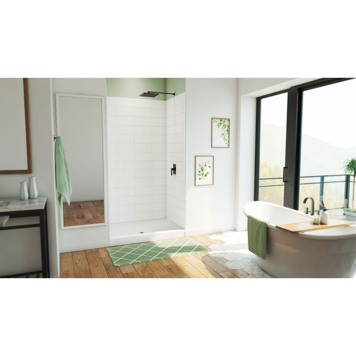 DreamLine DreamStone 34 in. D x 48 in. W Base and Wall Kit in White Modern Subway Pattern