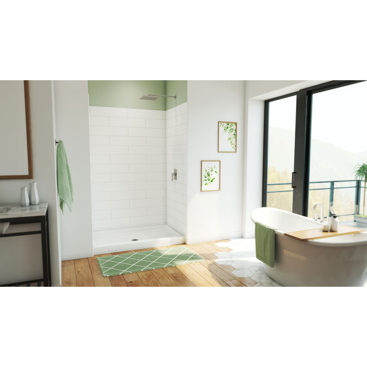 DreamLine DreamStone 34 in. D x 54 in. W Base and Wall Kit in White Modern Subway Pattern