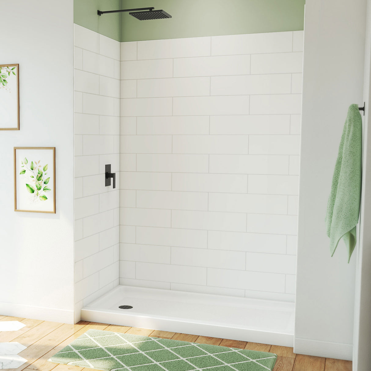 DreamLine DreamStone 32 in. D x 60 in. W Base and Wall Kit in White Modern Subway Pattern