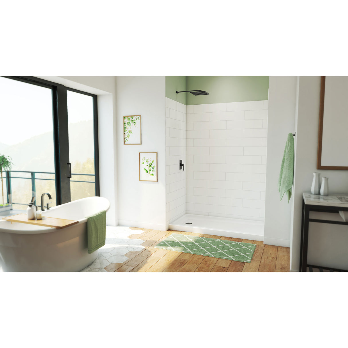 DreamLine DreamStone 32 in. D x 60 in. W Base and Wall Kit in White Modern Subway Pattern