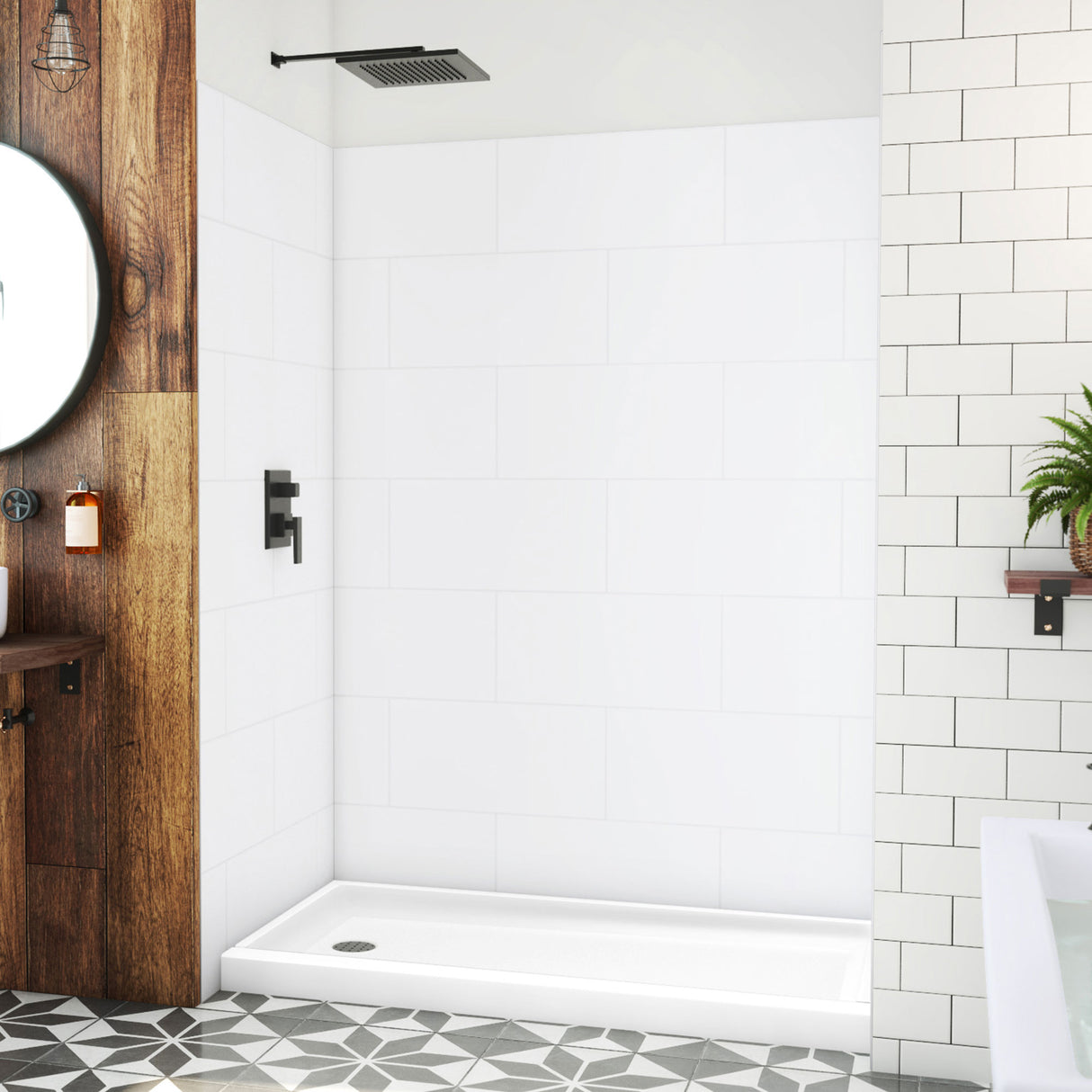 DreamLine DreamStone 32 in. D x 60 in. W Base and Wall Kit in White Traditional Subway Pattern