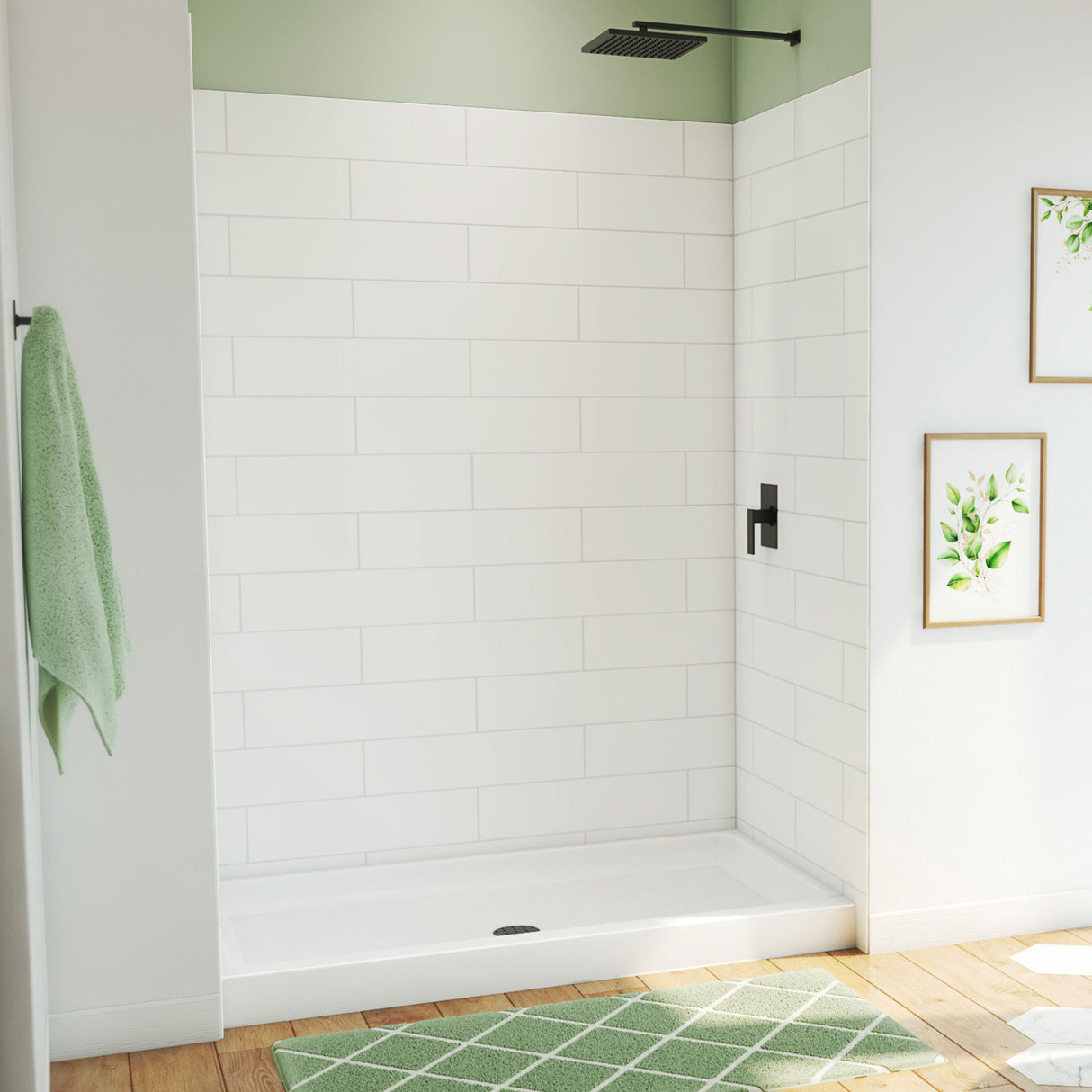 DreamLine DreamStone 34 in. D x 60 in. W Base and Wall Kit in White Modern Subway Pattern