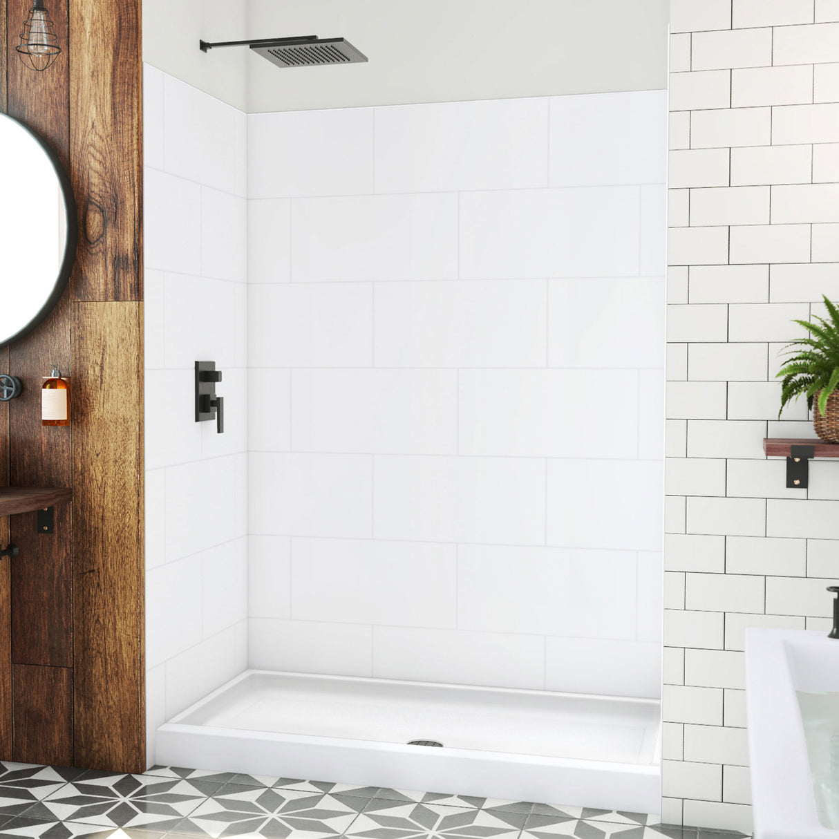 DreamLine DreamStone 34 in. D x 60 in. W Base and Wall Kit in White Traditional Subway Pattern