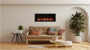 Amantii BI-40-SLIM-OD Panorama Slim Full View Smart Electric - 40" Indoor /Outdoor WiFi Enabled Fireplace, featuring a MultiFunction Remote, Multi Speed Flame Motor, Glass Media & a Black Trim