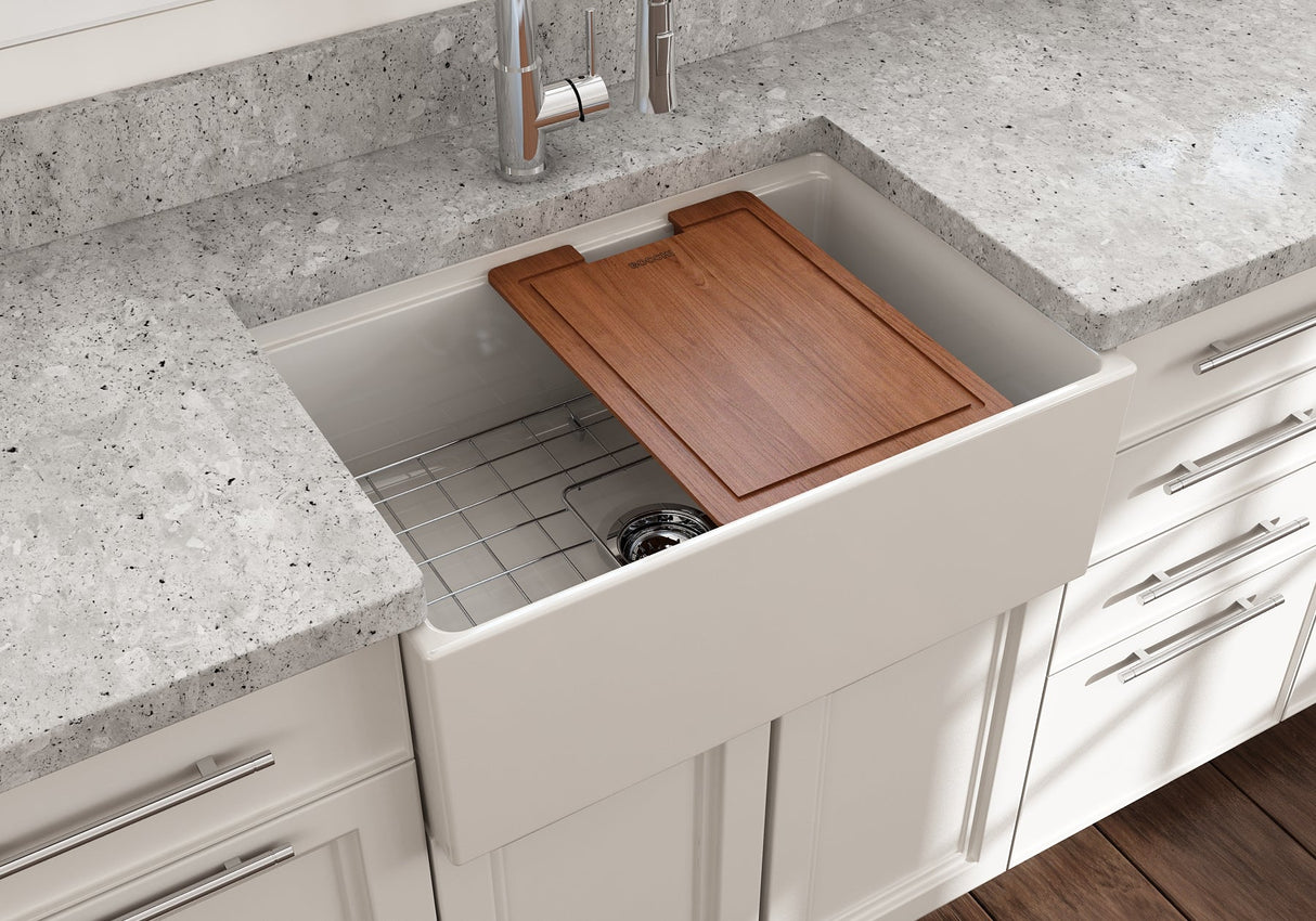 BOCCHI 1628-014-0120 Contempo Step-Rim Apron Front Fireclay 27 in. Single Bowl Kitchen Sink with Integrated Work Station & Accessories in Biscuit