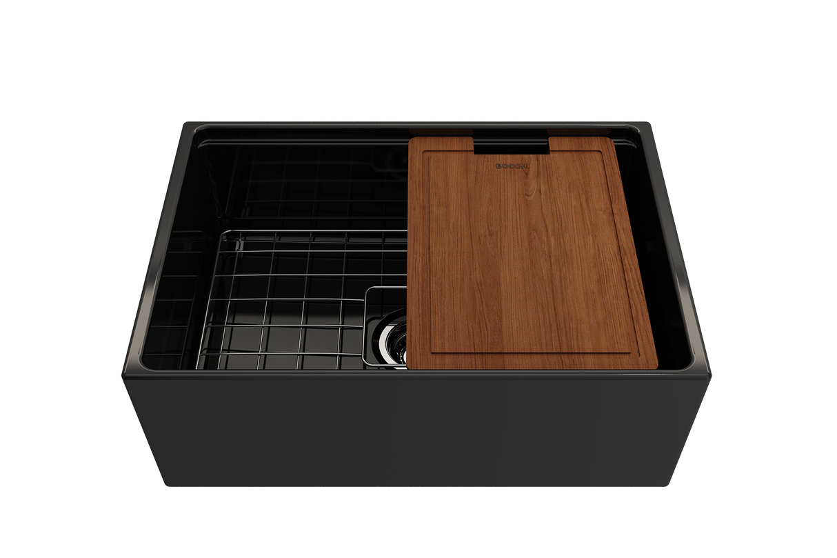 BOCCHI 1628-005-0120 Contempo Step-Rim Apron Front Fireclay 27 in. Single Bowl Kitchen Sink with Integrated Work Station & Accessories in Black