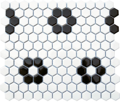 Roca Tile Usa Inc United States Ceramic Tile Cc Mosaics Ii 1X1 Matte Black & White Hexagon Porcelain Tiles In Flower Pattern Mosaics. Ufcc135-12Mt 1 Sheet = .84 Sq.