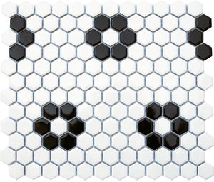 Roca Tile Usa Inc United States Ceramic Tile Cc Mosaics Ii 1X1 Matte Black & White Hexagon Porcelain Tiles In Flower Pattern Mosaics. Ufcc135-12Mt 1 Sheet = .84 Sq.