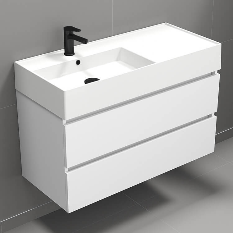 Modern Bathroom Vanity, 40", Wall Mounted, Glossy White