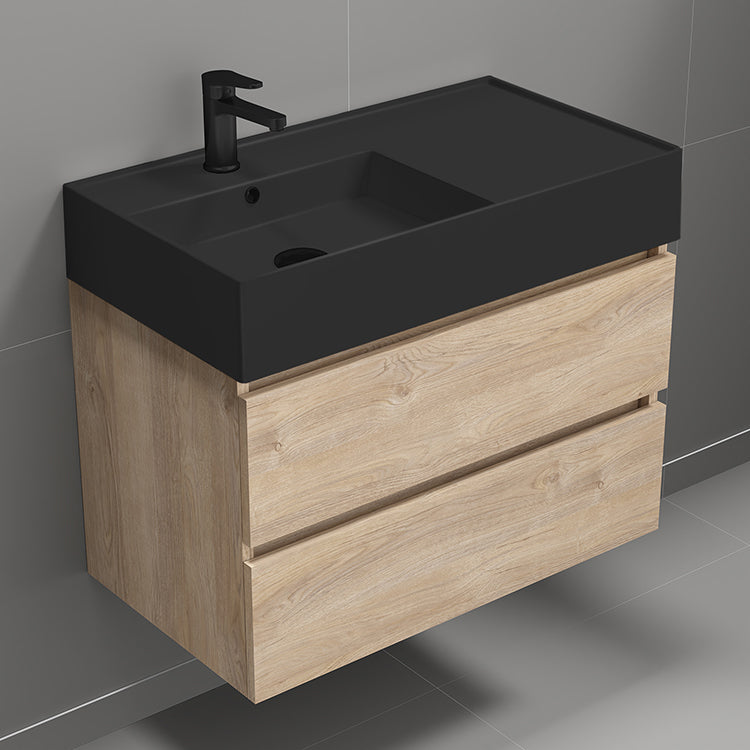 Modern Bathroom Vanity With Black Sink, Wall Mount, 32", Brown Oak