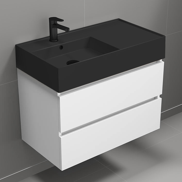 Wall Mounted Bathroom Vanity With Black Sink, 32", Modern, Glossy White