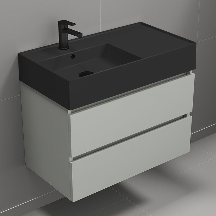 Modern Bathroom Vanity With Black Sink, Wall Mounted, 32", Grey Mist