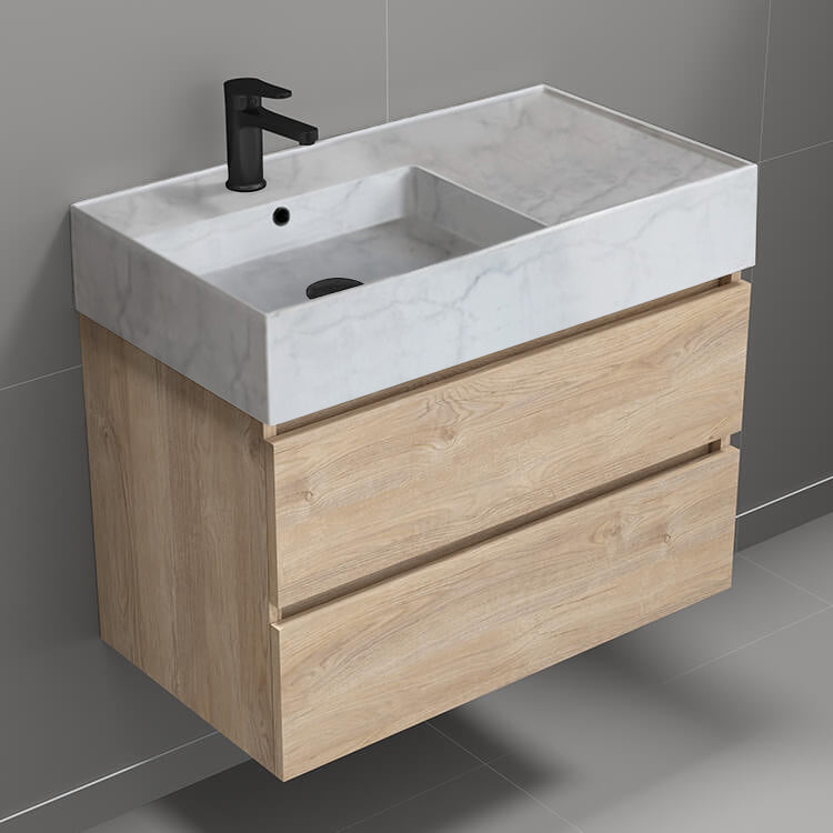 Modern Bathroom Vanity With Marble Design Sink, Wall Mount, 32", Brown Oak