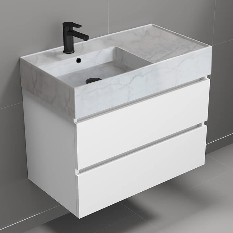 Wall Mounted Bathroom Vanity With Marble Design Sink, 32", Modern, Glossy White