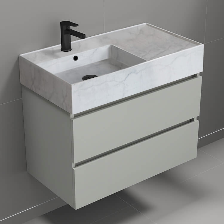 Modern Bathroom Vanity With Marble Design Sink, Wall Mounted, 32", Grey Mist