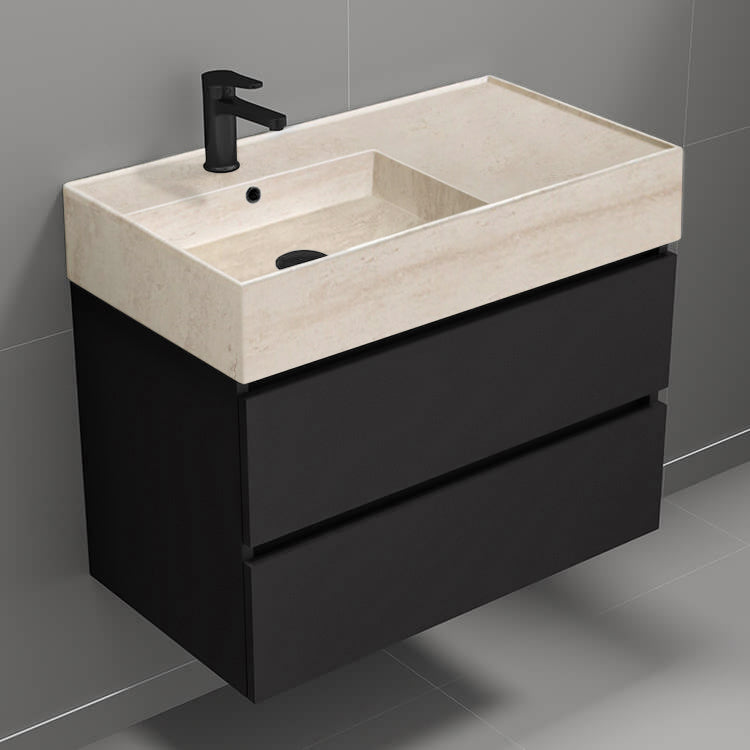 Black Bathroom Vanity With Beige Travertine Design Sink, Modern, Wall Mounted, 32"
