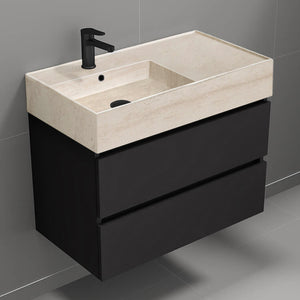 Black Bathroom Vanity With Beige Travertine Design Sink, Modern, Wall Mounted, 32"