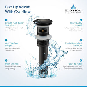Blossom 1.25" Matte Black Brass Pop-Up Sink Drain With Overflow