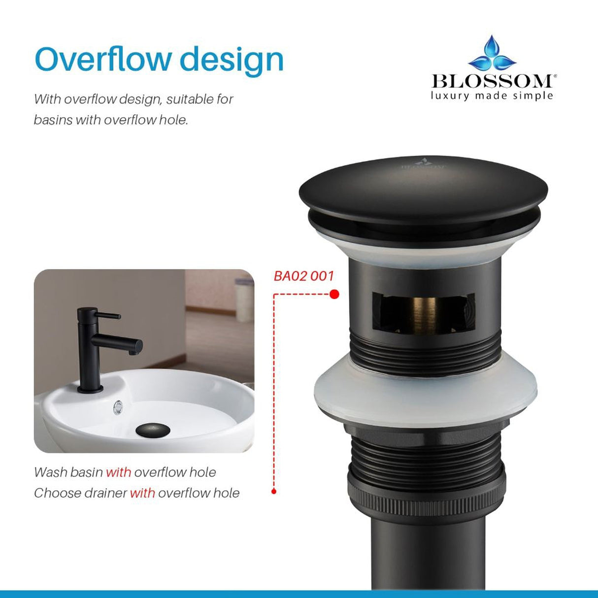 Blossom 1.25" Matte Black Brass Pop-Up Sink Drain With Overflow