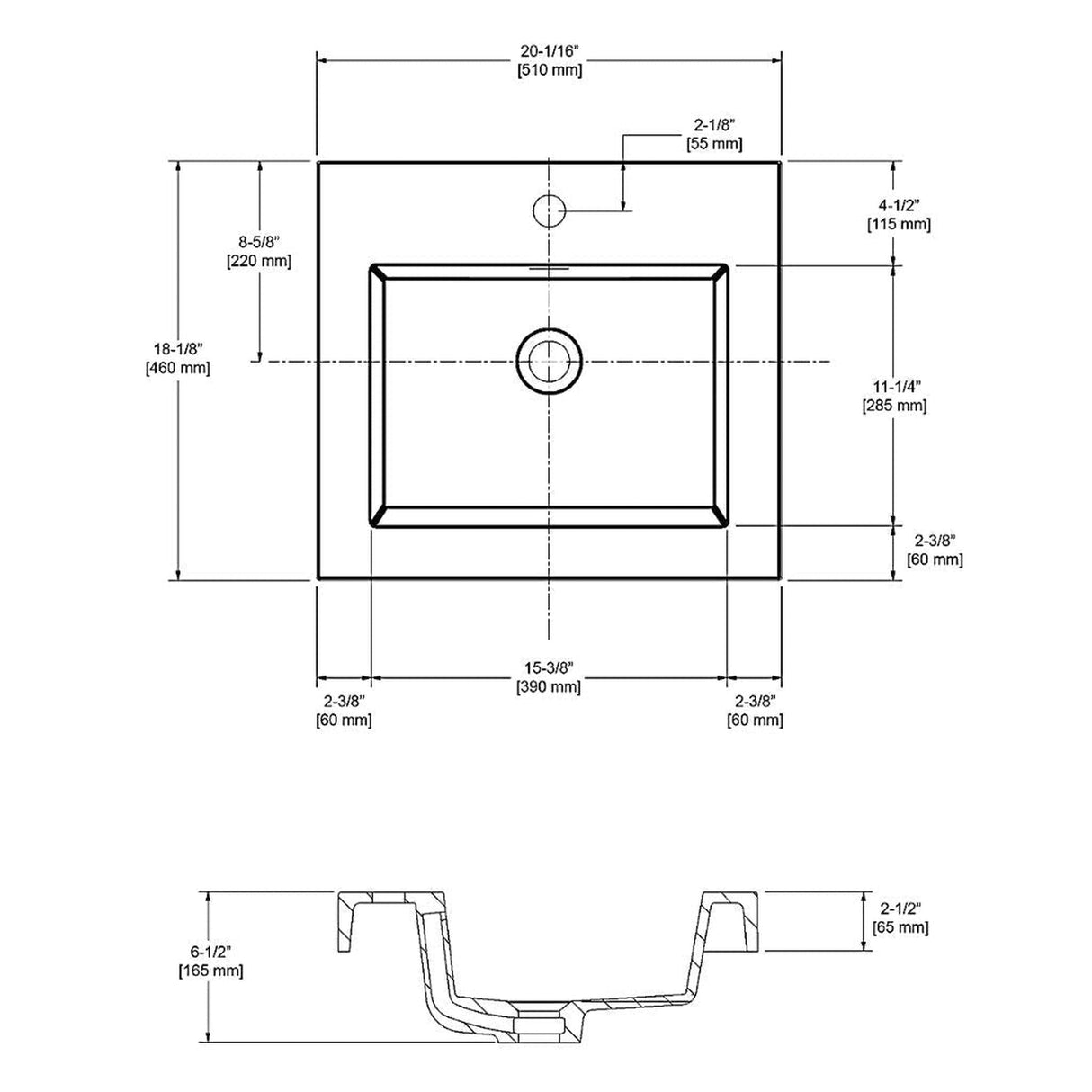 Blossom 20" x 18" White Rectangular Acrylic Vanity Top With Integrated Single Sink And Overflow