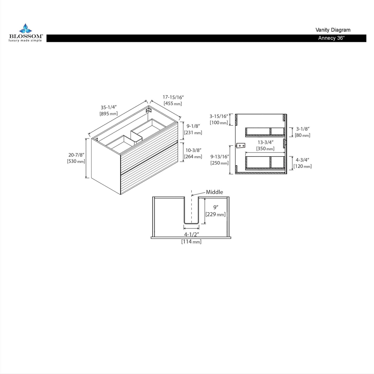 Blossom Annecy 36" Maple Strip Single Sink Vanity Base
