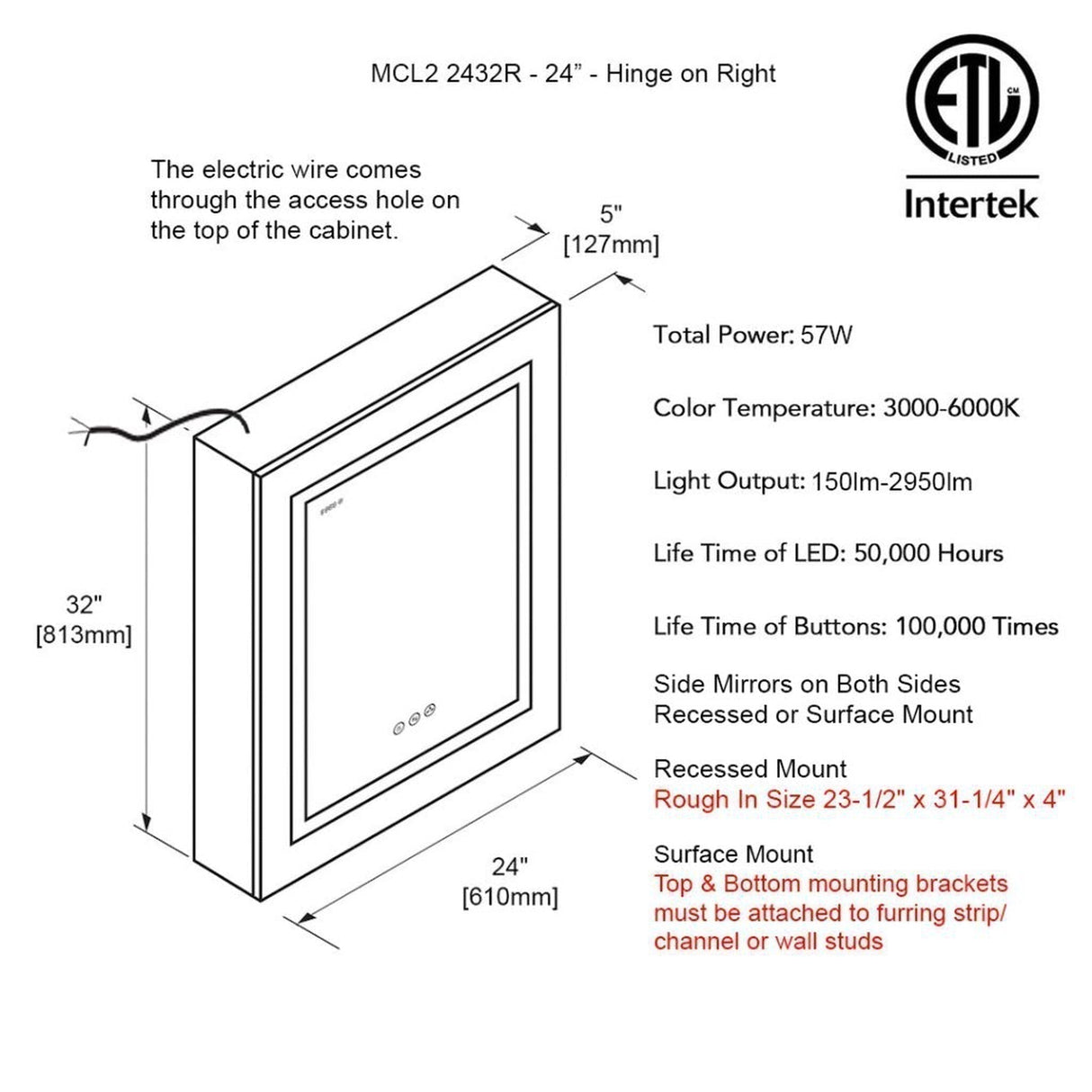 Blossom Asta 24" Recessed or Surface Mount Left and Right-Hinged Door LED Mirror Medicine Cabinet Set Of 2 With Adjustable Glass Shelves, Built-In Defogger, Dimmer, Digital Clock, Temp Display, USB & Electrical Outlet