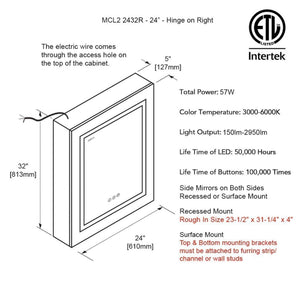 Blossom Asta 24" Recessed or Surface Mount Left and Right-Hinged Door LED Mirror Medicine Cabinet Set Of 2 With Adjustable Glass Shelves, Built-In Defogger, Dimmer, Digital Clock, Temp Display, USB & Electrical Outlet
