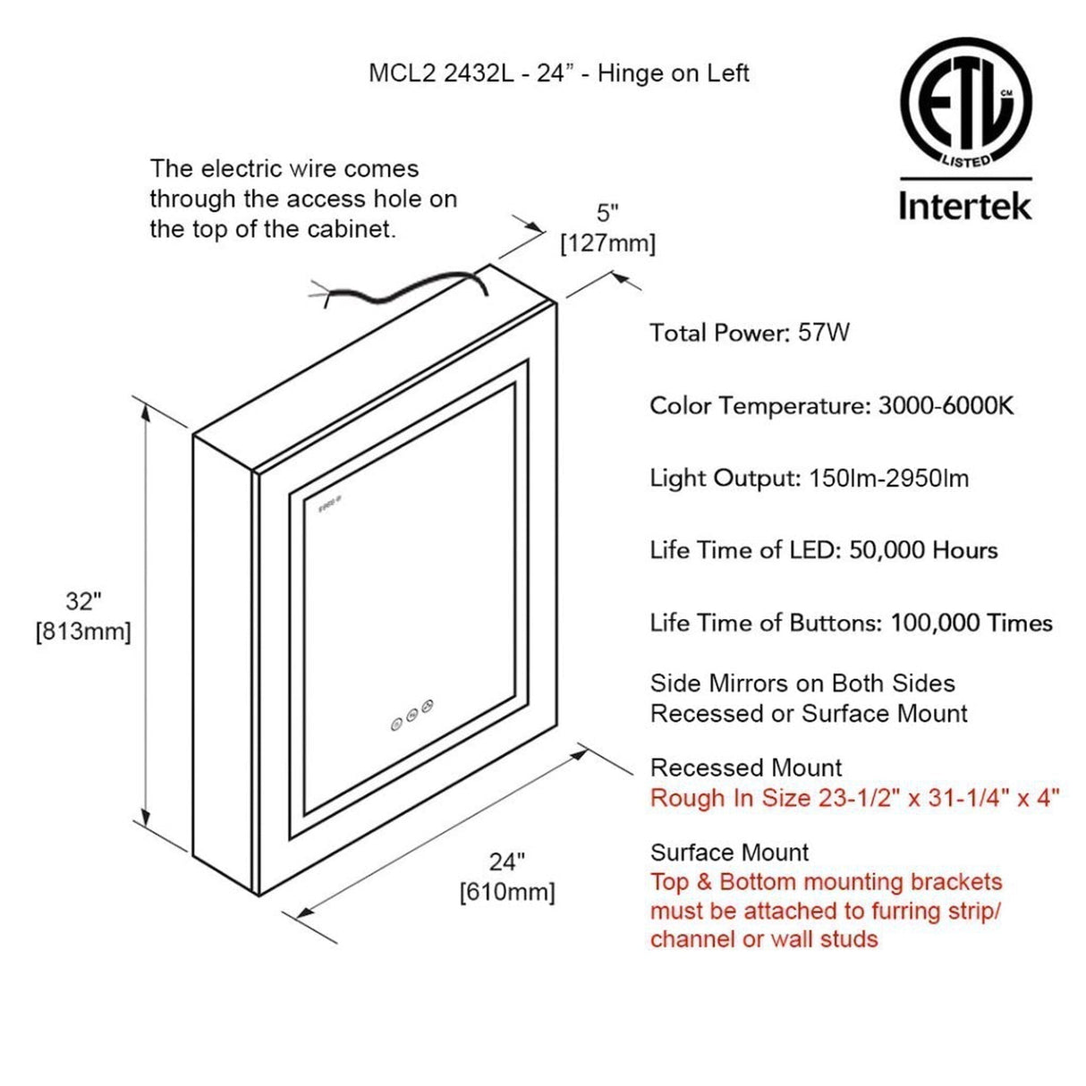 Blossom Asta 24" Recessed or Surface Mount Left and Right-Hinged Door LED Mirror Medicine Cabinet Set Of 2 With Adjustable Glass Shelves, Built-In Defogger, Dimmer, Digital Clock, Temp Display, USB & Electrical Outlet