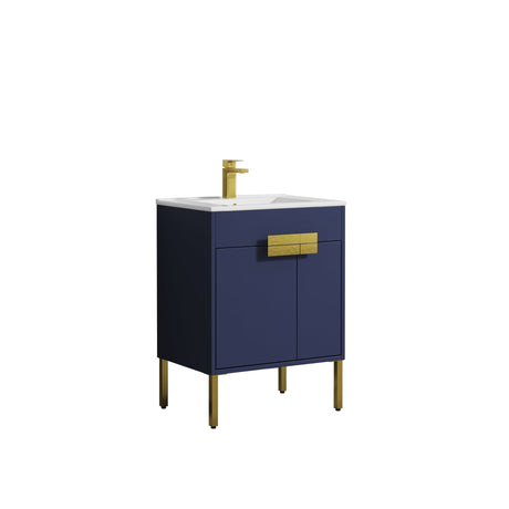 Blossom Bari 24" 2-Door Navy Blue Freestanding Single Vanity Base With Adjustable Shelf, Brushed Gold Handles & Legs