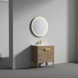 Blossom Bari 30" 2-Door Classic Oak Freestanding Single Vanity Base With Adjustable Shelf, Brushed Gold Handles & Legs