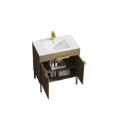 Blossom Bari 30" 2-Door Classic Oak Freestanding Single Vanity Base With Adjustable Shelf, Brushed Gold Handles & Legs