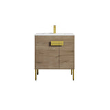 Blossom Bari 30" 2-Door Classic Oak Freestanding Single Vanity Base With Adjustable Shelf, Brushed Gold Handles & Legs
