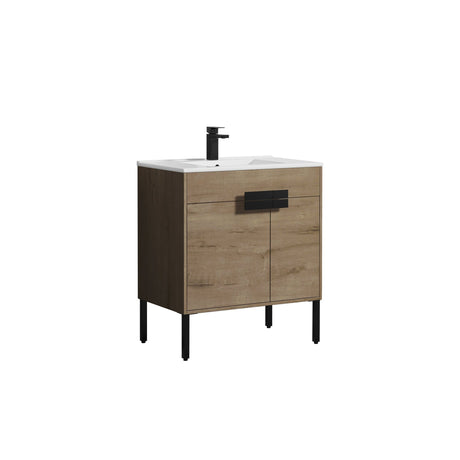 Blossom Bari 30" 2-Door Classic Oak Freestanding Single Vanity Base With Adjustable Shelf, Matte Black Handles & Legs