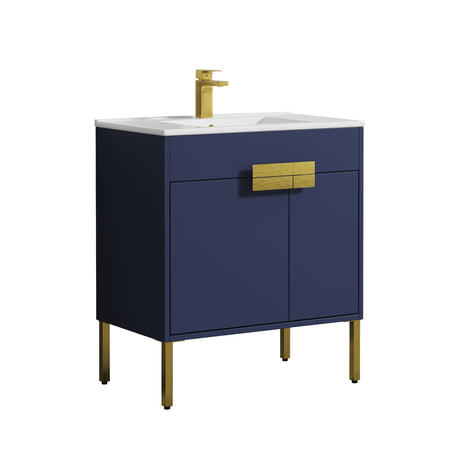 Blossom Bari 30" 2-Door Navy Blue Freestanding Single Vanity Base With Adjustable Shelf, Brushed Gold Handles & Legs