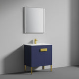 Blossom Bari 30" 2-Door Navy Blue Freestanding Single Vanity Base With Adjustable Shelf, Brushed Gold Handles & Legs