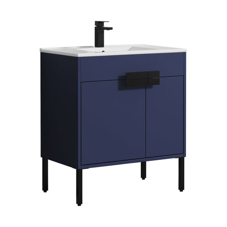 Blossom Bari 30" 2-Door Navy Blue Freestanding Single Vanity Base With Adjustable Shelf, Matte Black Handles & Legs
