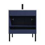Blossom Bari 30" 2-Door Navy Blue Freestanding Single Vanity Base With Adjustable Shelf, Matte Black Handles & Legs